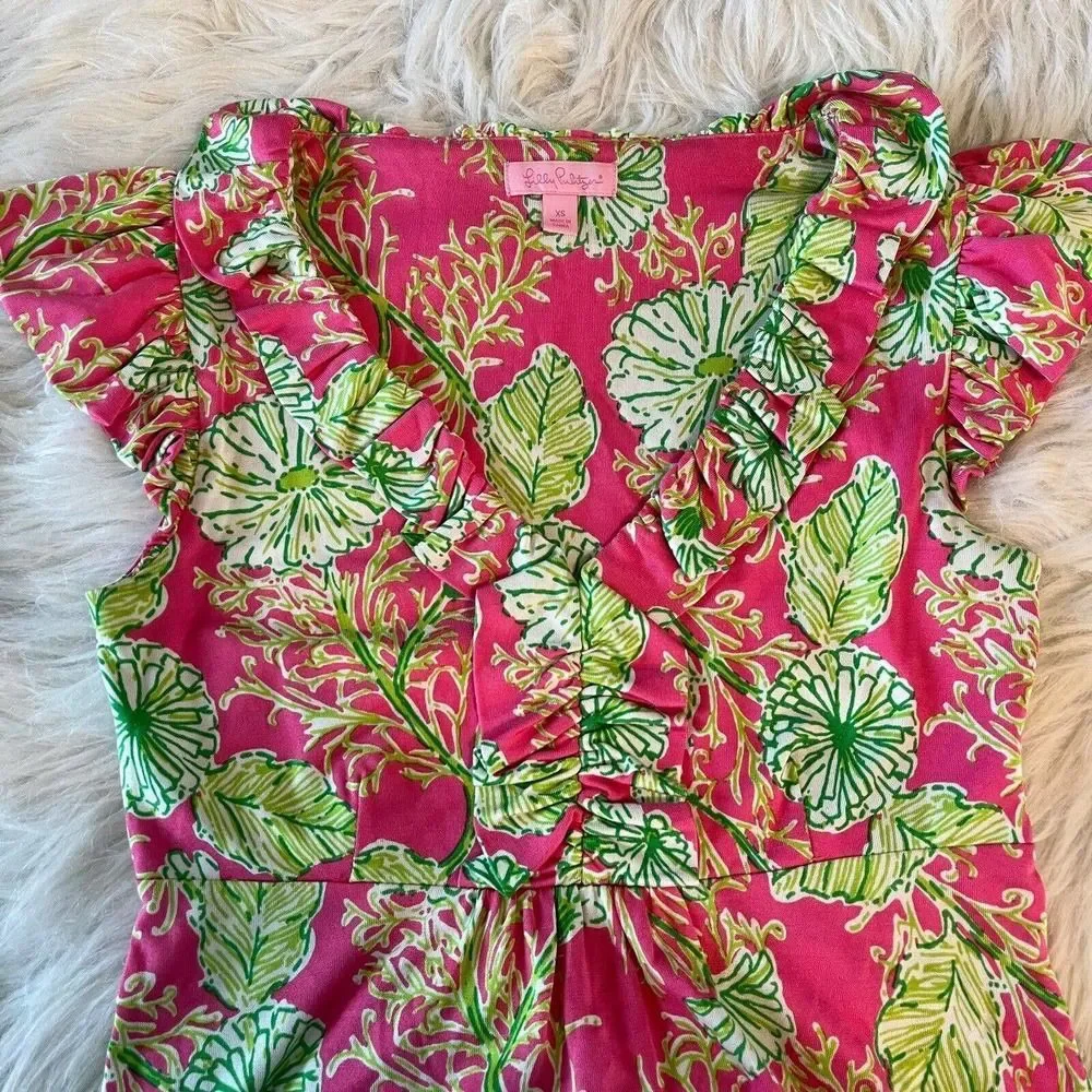 Lilly Pulitzer Clare Silk Blend Jersey Dress‎ Ruffle Pink Green Floral Size XS